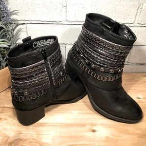 NWOB • CARLOS by Carlos Santana • Black booties w/braid and studded chain detail